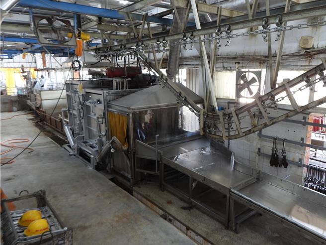 花莲县农产运销公司近2年在中央挹注1.1亿经费下，更新肉品市场2条屠宰线，但目前只有1条正式上线，且启用不到2年却出现严重生锈等痕迹。（罗亦晽摄）