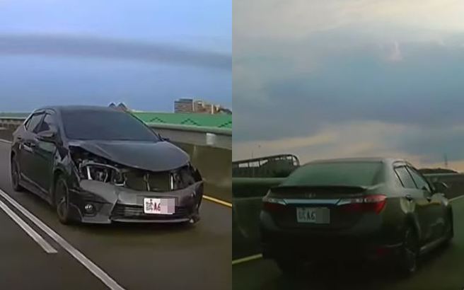 有駕駛拍到1輛轎車行駛在國道1號，不僅車頭沒大燈，還懸掛「試車牌」。（圖／翻攝自WoWtchout - 地圖型行車影像分享平台）