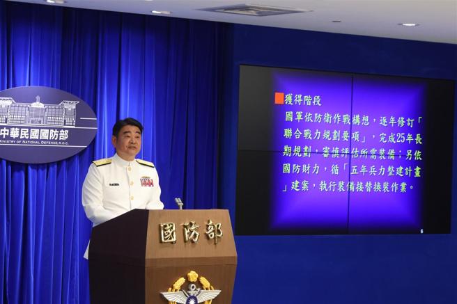  后次室军品整备处处长陈春忠少将说明「国军主、辅战装备汰除规划」。（记者黄迪明摄）