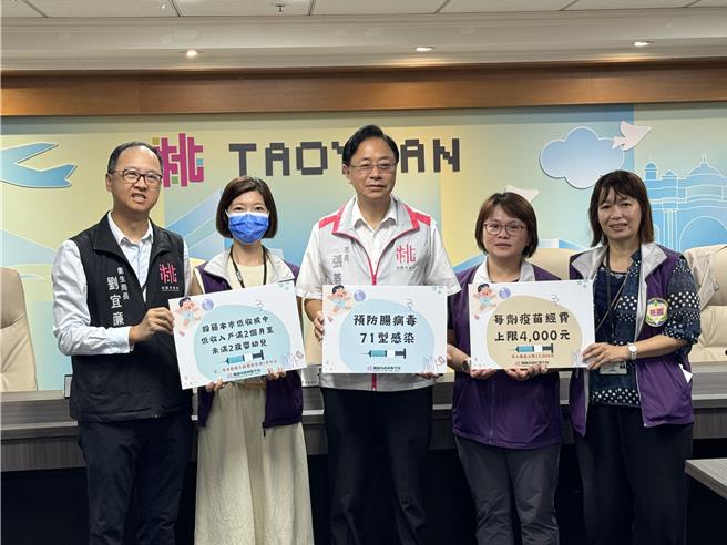 桃園市長張善政宣布，中低收2歲以下嬰幼兒明起免費打腸病毒疫苗。(蔡依珍攝)