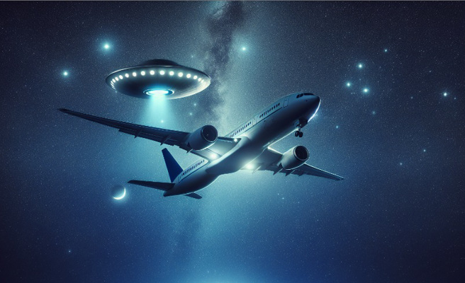 印尼一名机长日前驾驶从沙乌地阿拉伯往奈及利亚的飞机，意外在空中发现一个疑似UFO的不明飞行物。（示意图／AI生成图）