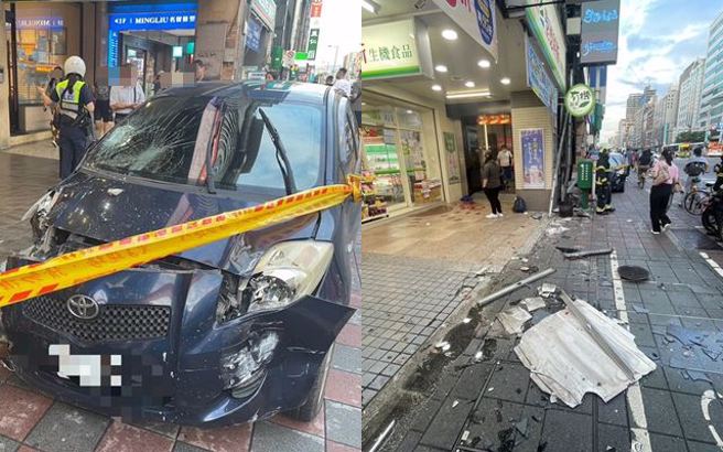 台北市南京东路四段小巨蛋旁，今(14)下午5时许1辆轿车不明原因衝上人行道，造成1死2伤。（黄仲瑜翻摄）
