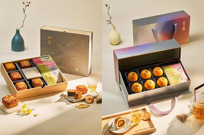國泰飯店觀光事業今年以「綠映不息，喜迎豐月」為主題，推出「映月」廣式中秋禮盒（左）及「豐月」蛋黃酥中秋禮盒（右）。圖／業者提供