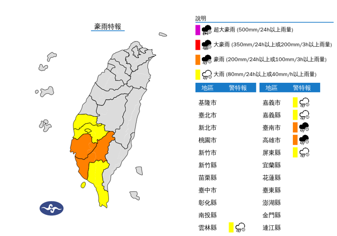 对流云系发展旺盛，气象署晚间发布大雨特报。（中央气象署提供）