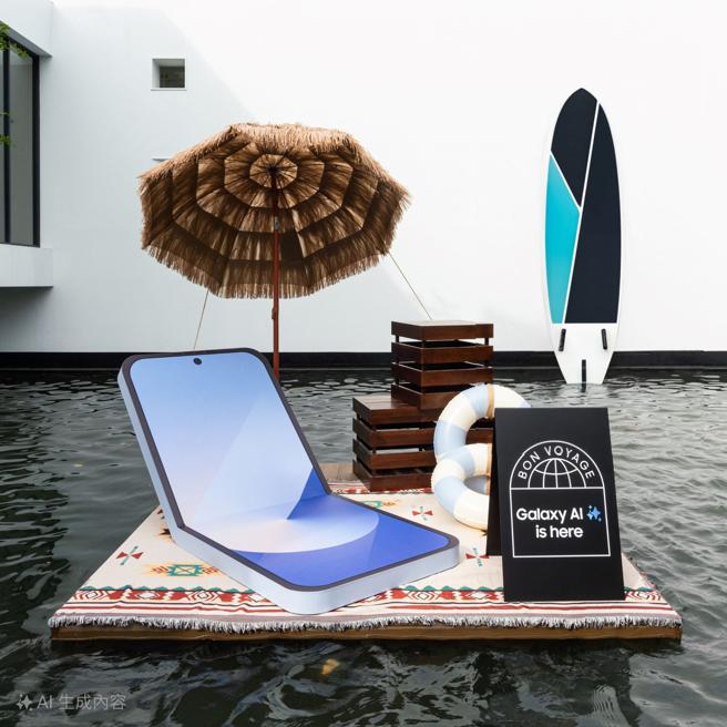 《Galaxy AI 期間限定體驗店》的水池區擺放Galaxy Z Flip6超大摺疊造型躺椅。（三星提供）