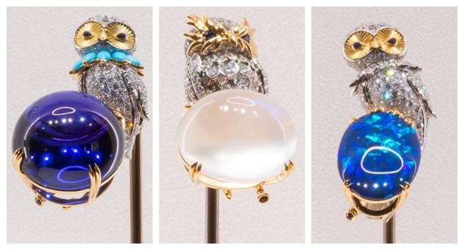 TIFFANY全新創作三只「石上貓頭鷹」胸針，十分精巧討喜。（Tiffany & Co.提供）