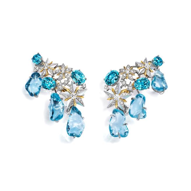 TIFFANY Blue Book系列「蒼穹萬象」星夜如夢（Iconic Star）系列海水藍寶石與藍色風信子石耳環。（Tiffany & Co.提供）