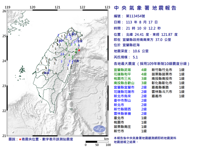 17日21:10，宜兰近海发生规模5.1地震，北部、中部皆有感。（图／中央气象署）
