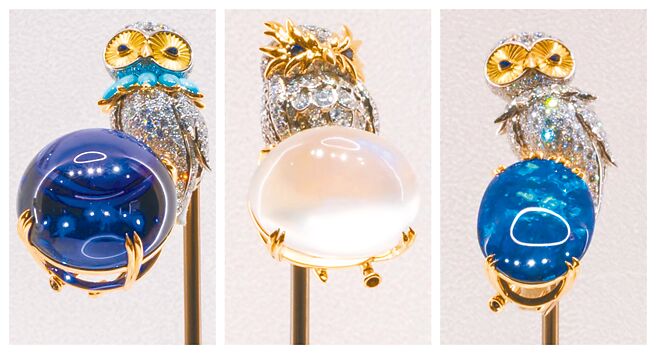 TIFFANY全新創作三只「石上貓頭鷹」胸針，十分精巧討喜。 （Tiffany & Co.提供）