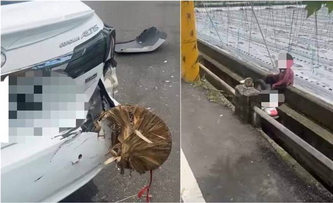 阿嬷的斗笠插在汽车后保险杆上。（翻摄自重机车友❘各区路况天气、资讯分享中心脸书）