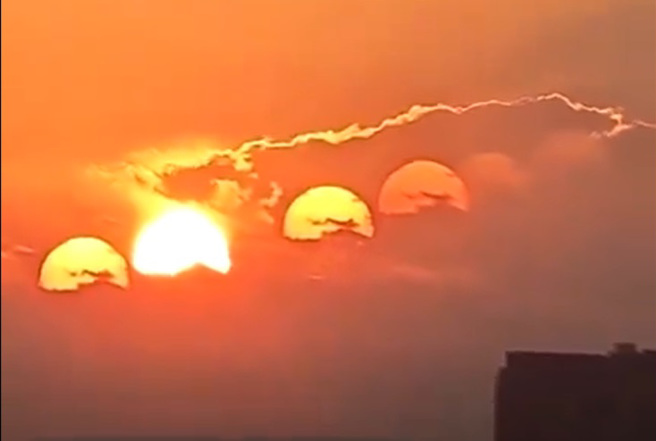 成都上空18日出現「7日懸空」的奇景，引起民眾搶拍。（圖／翻攝自推特）