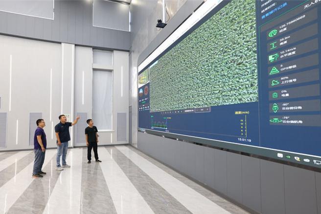 端牢中国饭碗：从北大荒盐碱沼泽地到鱼米大仓。图为黑龙江北大荒集团赵光农场有限公司科技服务中心数位农业指挥大厅，透过田间物联网系统及时查看田间作物长势情况。（新华社）