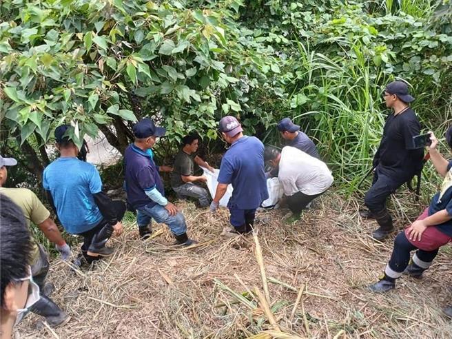卑南鄉公所生態及環境調查維護隊員及達魯瑪克部落族人協助搬運黑熊遺體。（林業及自然保育署台東分署提供／蕭嘉蕙台東傳真）