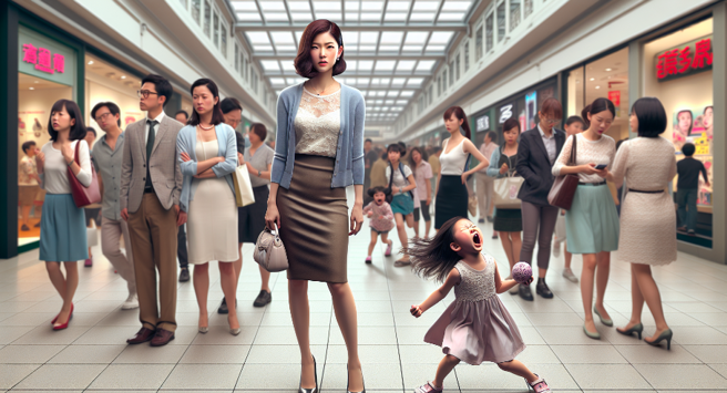 一位女子和男友在商场逛街时，遇到女童大吵大闹，女童妈妈却只顾跟友人聊天，完全不顾小孩。（示意图／AI生成）