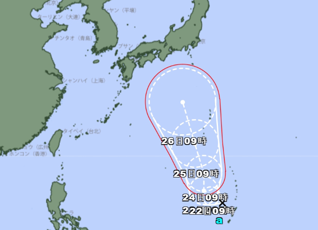 关岛北边的低压今天上午增强为热带性低气压，预估24小时内生成颱风。（翻摄日本气象厅）