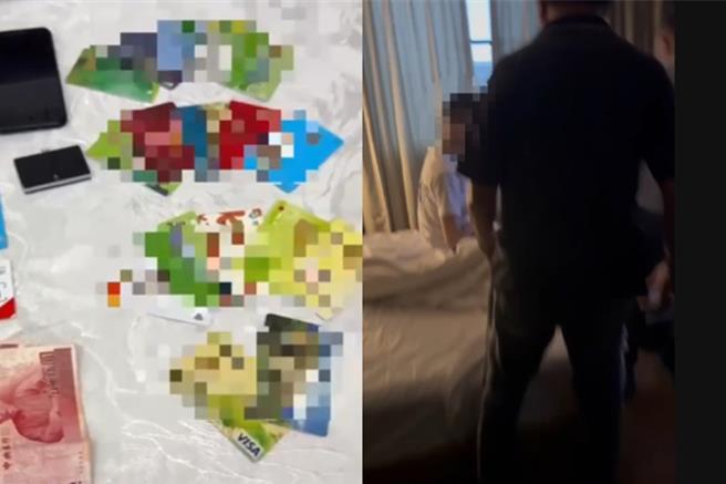 警方於汽車旅館逮車手，並扣多張金融卡等證物。（翻攝照片／洪靖宜高雄傳真）