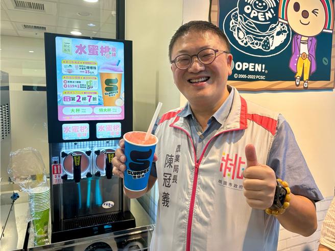 桃園市政府攜手合作統一超商，將於9月4日在全台約1500家7-ELEVEN門市搶先上市水蜜桃風味思樂冰，並於9月18日加碼推出「拉拉山水蜜桃爆爆珠」，搭配升級成加料的咀嚼系思樂冰。（桃園市農業局提供）