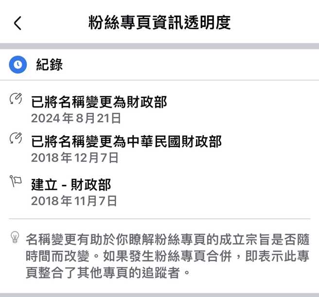 財政部粉專21日突改名，將原本的「中華民國財政部」改成了「財政部」，引發質疑。（圖／取自《不同的，新聞》粉專截圖）