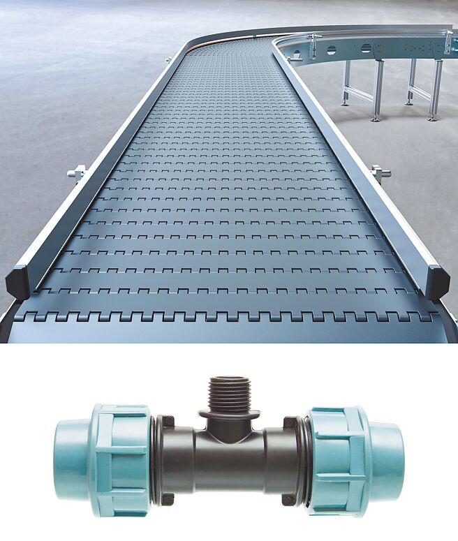 耐特POK材具有较轻的比重，能取代金属，实现组件轻量化，适用于滑轨、输送带等高磨擦和高附载应用，能确保高效运输。图／耐特公司提供