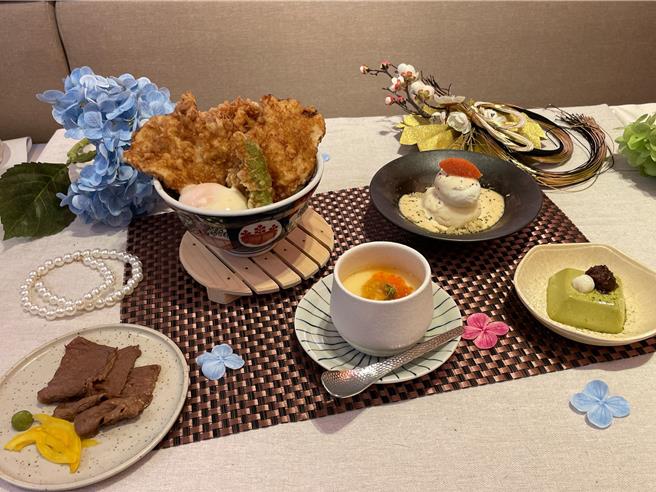 金子半之助新光三越A8限定特选单品，包括明太子洋芋沙拉、海胆鱼卵茶碗蒸、金子秘汁煎嫩牛、京都宇治抹茶布丁。（朱世凯摄）