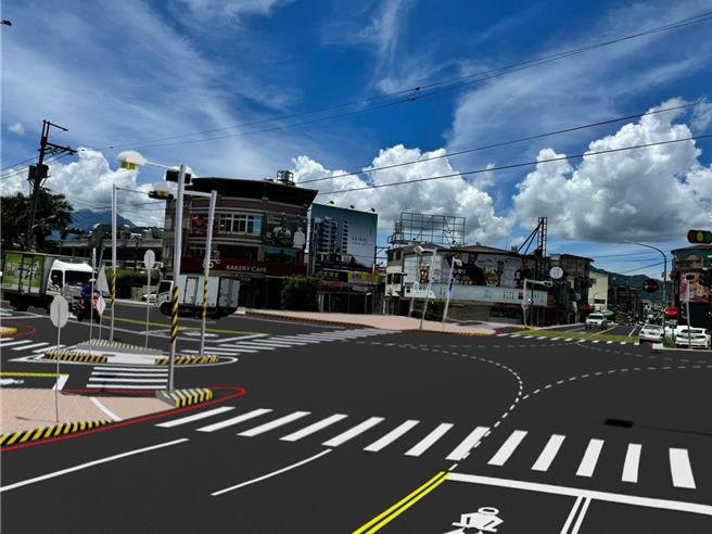 埔里镇公所为了摆脱「行人地狱」恶名，提计画改善2处路口行人路网，此为中正路、忠孝路行人路网完工示意图。（埔里镇公所提供／杨静茹南投传真）