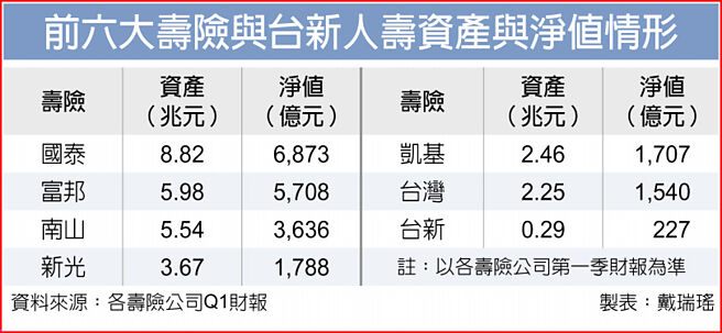 前六大壽險與台新人壽資產與淨值情形