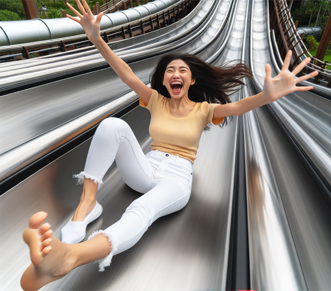 女子穿着SHEIN束口裤溜滑梯，因为布料太滑的缘故，整个人喷飞出去。（示意图／AI生成图）