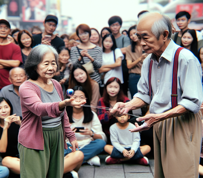 大妈卖命进行街头杂耍，即便被铁丝勒颈也死命撑下去。（示意图／AI生成图）