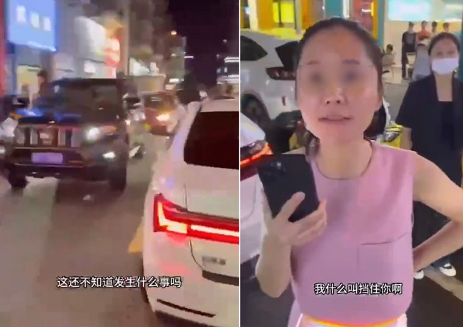 陸女開保時捷違規並排停車，後車駕駛氣到狂罵髒話，最後女子受不了出手了。（圖／翻攝微博）