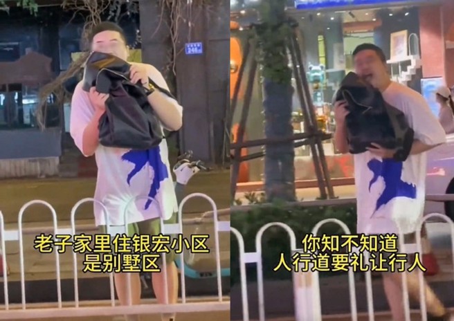 大陆一名微胖眼镜男，违规闯红灯穿越马路，不爽轿车没礼让，在马路中央不断呛女驾驶。（图／翻摄微博）