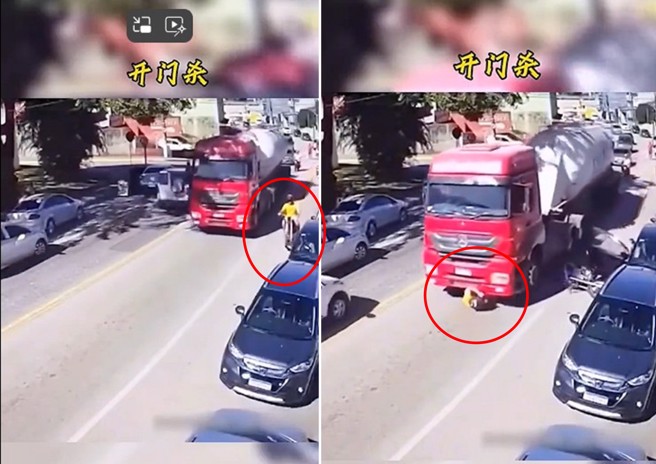 一名骑士遇到女驾驶的开门杀，弹方到大货车底下，所幸最后自行脱困。（图／翻摄微博）