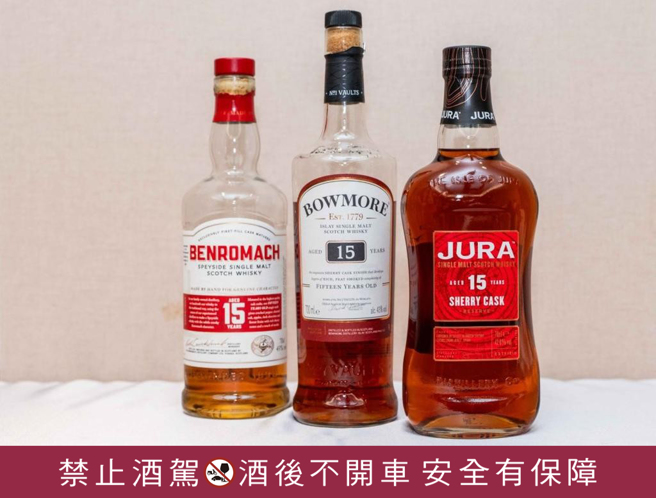 金威獎「素人盲飲」台北場次得獎結果出爐，吉拉（Jura，右起）、波摩 (Bowmore)和百樂門（Benromach）拿下TOP 3。（石智中攝）