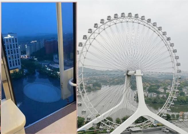 摩天輪升至空中突開艙門（左圖），吊廂內的一家大小均受驚。（圖／取自香港東網）