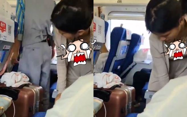 大陆一辆列车上，有「超胸妹子」在整理包包时，露出「超饱满安全气囊」，此画面也让网友们惊呆。（图／翻摄自X平台）