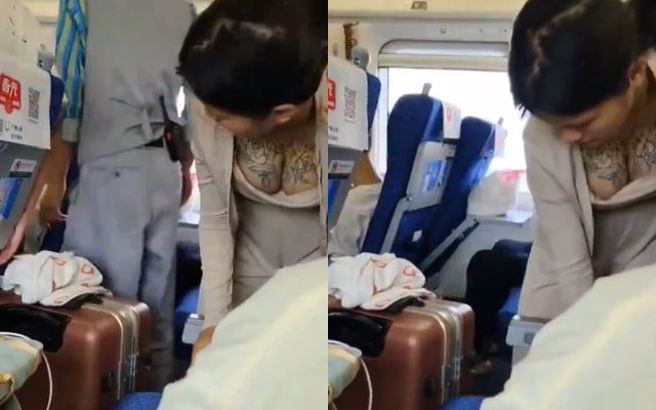 大陆一辆列车上，有「超胸妹子」在整理包包时，露出「超饱满安全气囊」，此画面也让网友们惊呆。（图／翻摄自X平台）