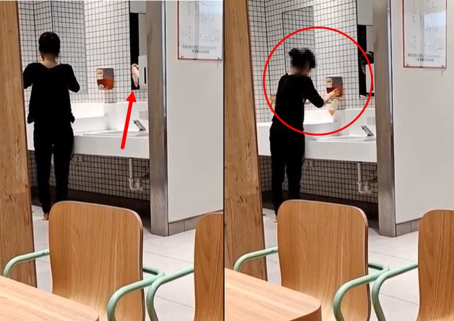一名黑衣女子在麦当劳内，用塑胶袋不断装取洗手乳，让网友惊呼：这样也行？（翻摄爆料公社）