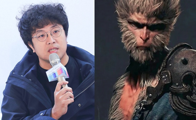 网友们玩《黑神话：悟空》打到第一章魔王黑熊时，忍不住联想到黑熊学院的沈伯洋。（合成图／取自官网、资料照）