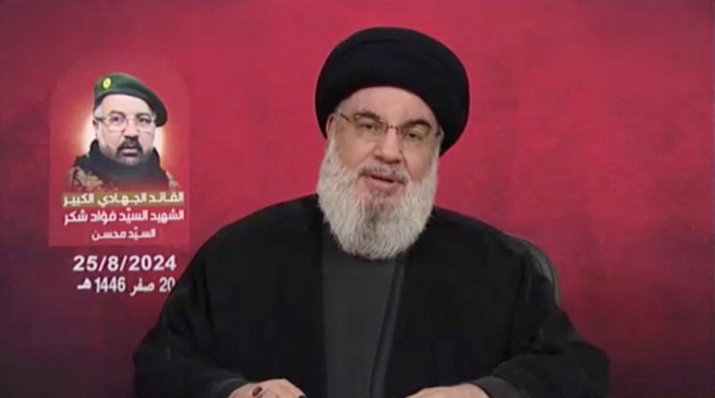 真主党领袖纳斯拉勒（Sayyed Hassan Nasrallah）25日发表电视演说，他表示将评估攻击成效后，再决定是否採取进一步攻势。（路透社）