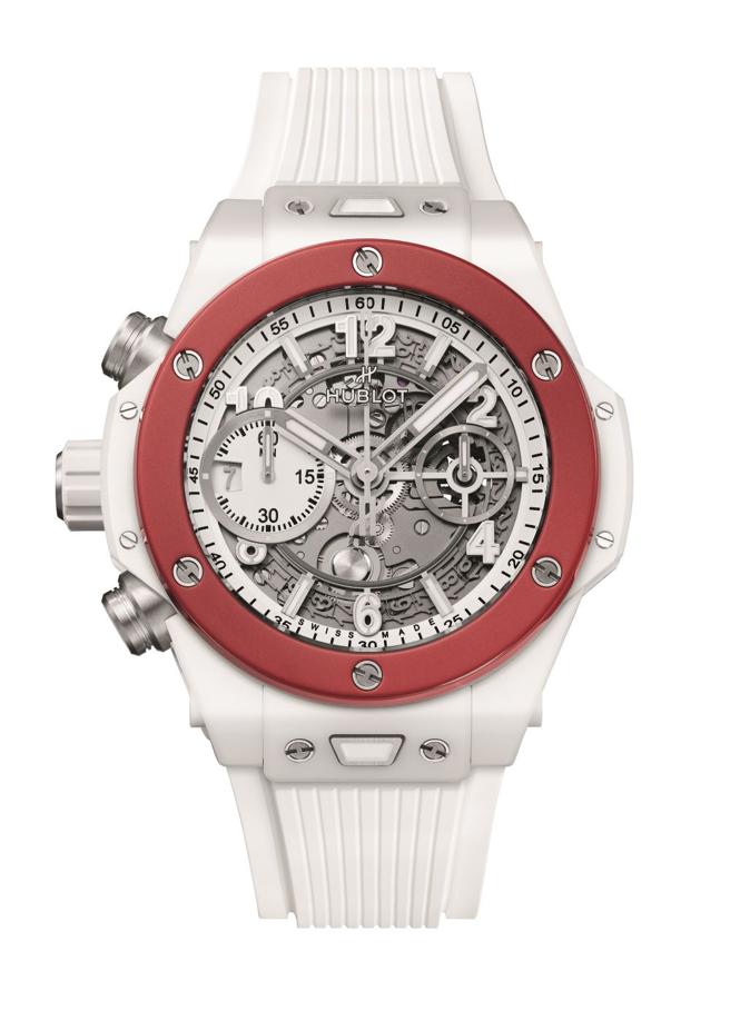 宇舶表红白色系Big Bang Unico左冠计时码表，81万2000元，全球限量35只。（HUBLOT提供）