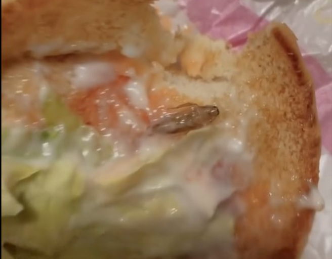 台中網友在麥當勞漢堡內發現蟑螂屍體，讓她超崩潰。（圖／翻攝自threads）