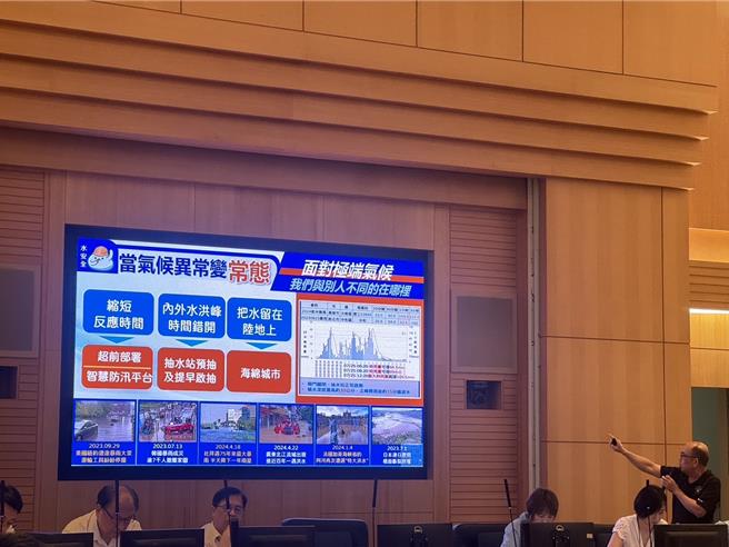 新北市水利局今（28）日在新北市府進行市政會議報告，水利局長宋德仁以「新北新水」為主題報告，指出2019年以來市府面對極端氣候挑戰創新破舊，運用科技治水。（柯毓庭攝）