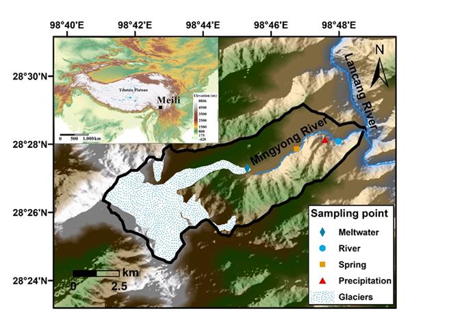青藏高原东南部冰川消融影响水生态汞循环不容忽视。图为青藏高原东南部梅里雪山明永河流域及採样点示意图。（中国科学院西北生态环境资源研究院）