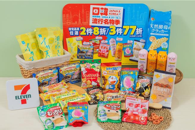 7-11即日起國際精品專櫃推日韓流行名物季，多款日韓療癒零食2件8折、3件77折。（7-11提供／朱世凱台北傳真）