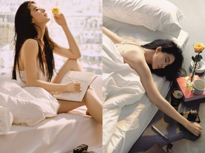 刘亦菲晒出唯美躺床照。（图／翻摄自刘亦菲 IG）