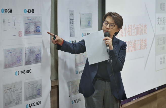 民眾黨29日舉行「柯文哲總統大選政治獻金外界疑義 一次澄清」記者會，時任競總總幹事的立委黃珊珊說明帳目。（姚志平攝）