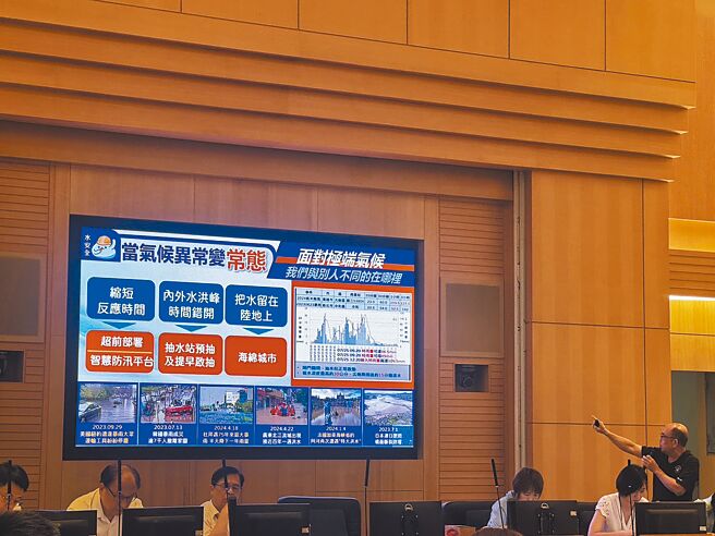 新北市水利局長宋德仁（右一）28日在市政會議以「新北新水」為主題專題報告，指出2019年以來市府面對極端氣候挑戰，運用科技治水。（柯毓庭攝）