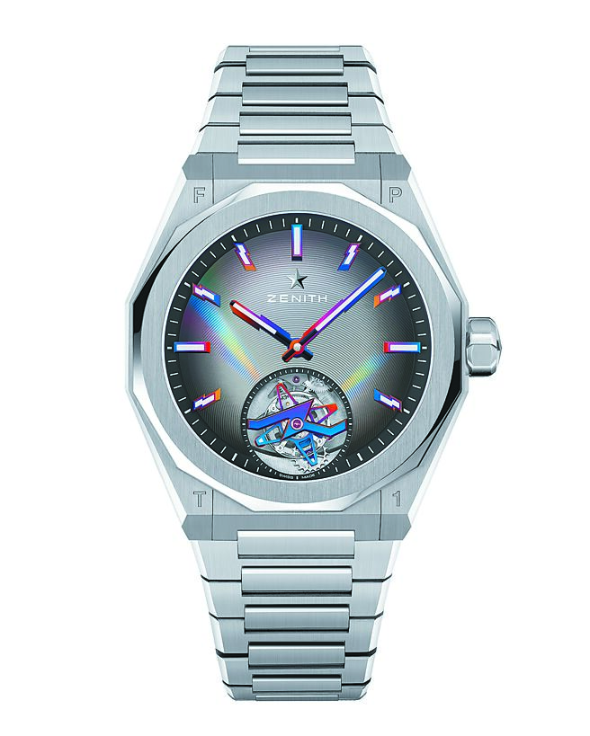 真力時攜手當代藝術家Felipe Pantone的DEFY SKYLINE陀飛輪聯名表，約218萬3800元。（ZENITH提供）