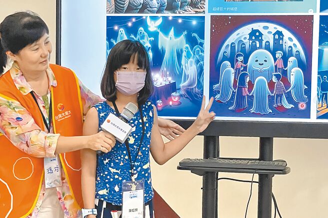 學員化身小小魔法師，對著平板上的「Azure OpenAI」人工智慧平台下咒語。（台灣大提供）