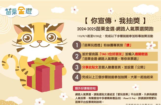 苗栗縣政府文化觀光局與苗栗縣觀光協會協力辦理「苗栗特色好物－苗栗金選」網路票選。（苗栗縣政府提供／謝明俊苗栗傳真）