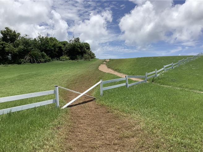 垦丁国家公园内被沙滩车业者压出一条条的「黄土拉炼」。（垦管处提供／罗琦文屏东传真）